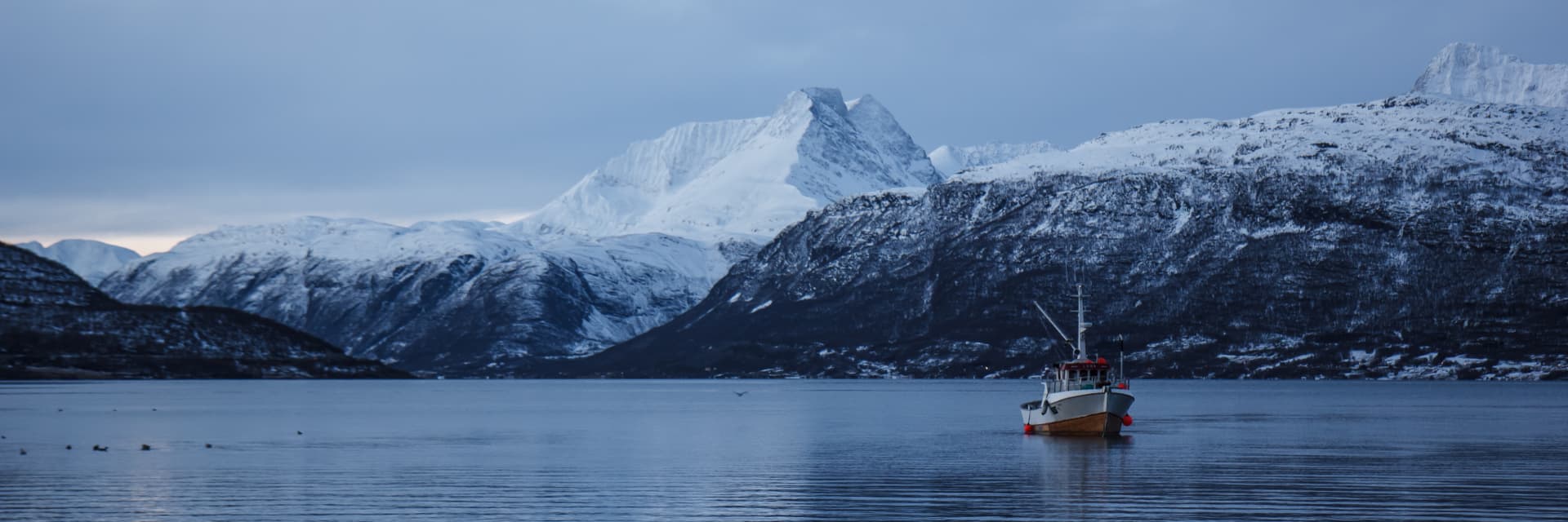 Fiskefartøy i vinterfjord på norskekysten