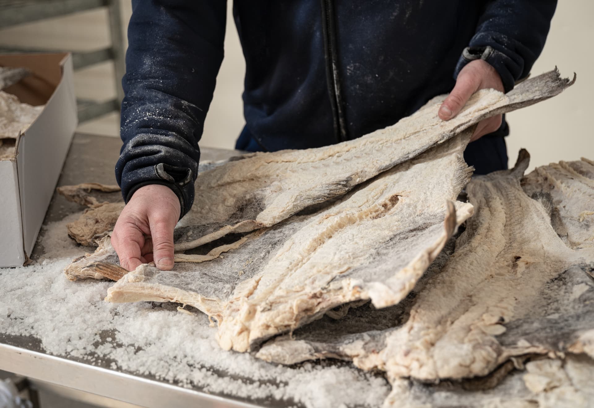 A producer examining a split salted fish by hand before packing